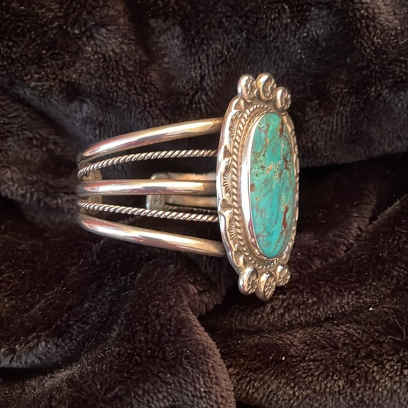 Sterling and Turquoise Native American Cuff Bracelet - Picture 2 of 11